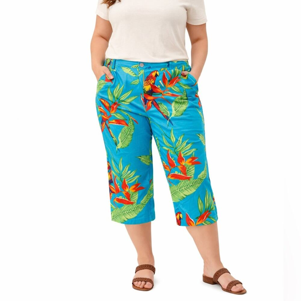 Vtg Parrot Tropical Cropped Pants | Colorful Resort Capri Pants 20W Tiki Hawaii